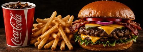 Bacon cheeseburger with lettuce, tomato, red onion and melted cheese, french fries and a soda in a Coca-Cola cup