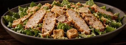 Caesar salad topped with sliced grilled chicken, croutons and parmesan