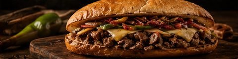 Cheese steak sandwich on a long roll, filled with shaved steak, peppers and melted cheese
