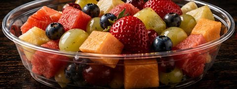 Tazón de fruta fresca picada: melón, sandía, uvas, piña y frutos rojos