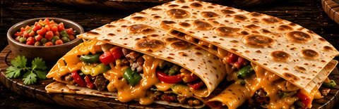 Quesadilla grande con queso derretido, carne y chiles, con pico de gallo