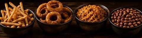 Four side bowls: french fries, onion rings, Mexican rice and beans