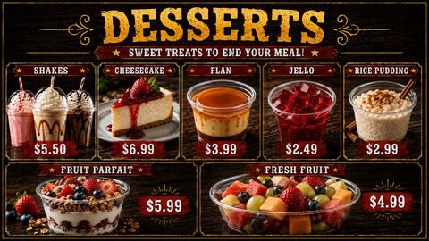 Pizarrón de postres con malteadas, pay de queso, flan, gelatina, arroz con leche, parfait de fruta y fruta fresca, con precios