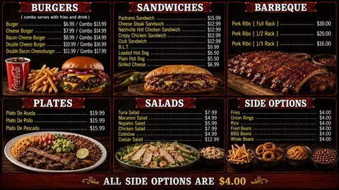 Pizarrón del menú de hamburguesas, sándwiches y BBQ con combos, costillas de cerdo, platos, ensaladas y acompañantes de $4.00, con precios